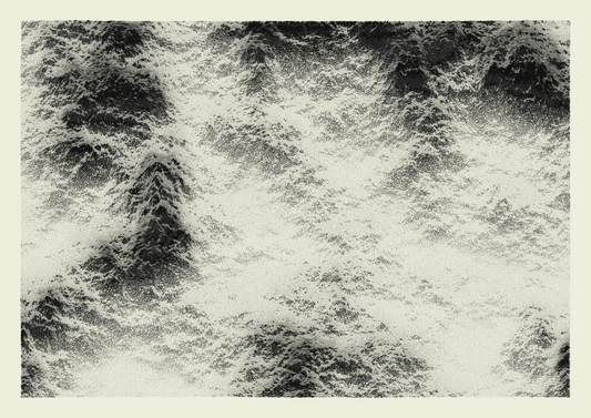 A generative artwork depicting an abstract representation of mountains and natural topologies in black and white.